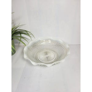 Vintage Anchor Hocking 9" Round Crimped Bowl Moonstone Clear Opalescent