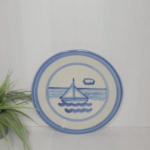 Vintage M.A. Hadley Sailboat Dinner Plate, Blue 11&quot;
