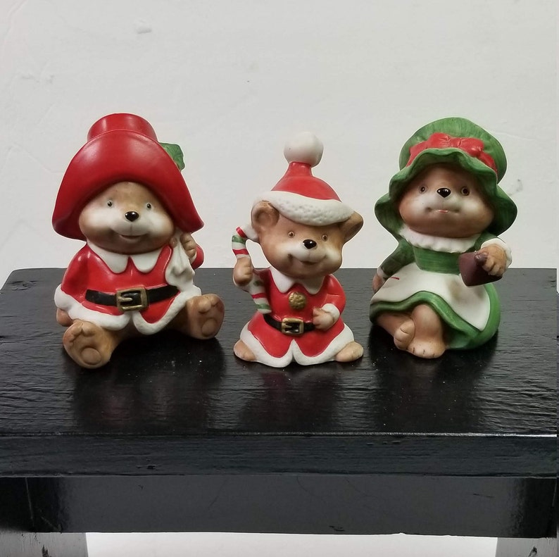 Vintage Homco Christmas Bears Figurines 5600 Home Interior Statues Set Of 3 Taiwan Mother Father Baby