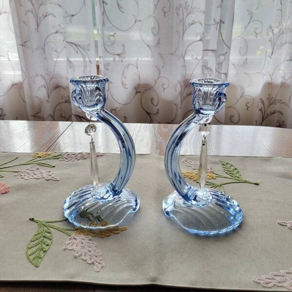Vintage Cambridge Caprice Candle Holders, Moonlight Blue, Hanging Clear Prisms