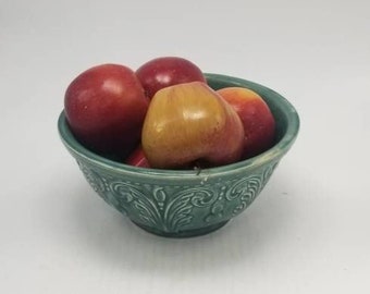 Vintage Green Stoneware Bowl, Green Mixing Crock, Bead & Fleur de Lis