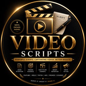 Op de afbeelding: Een cirkelvormig zwart en goud embleem met een filmklapper, een script en een pen. De tekst bevat "VIDEO SCRIPTS," "WRITE. ENGAGE. INSPIRE.," "POWERFUL SCRIPTS. CAPTIVATING VIDEOS. BETTER RESULTS.," en "HOOK ATTENTION," "ENGAGE AUDIENCE," "EASY TO USE FORMATS," "BOOST RETENTION," "DRIVE ACTION," "YOUTUBE, REELS, TIKTOK, ADS, PROMOS, COURSES," en "SCRIPT IT. SHOOT IT. SHARE IT."
