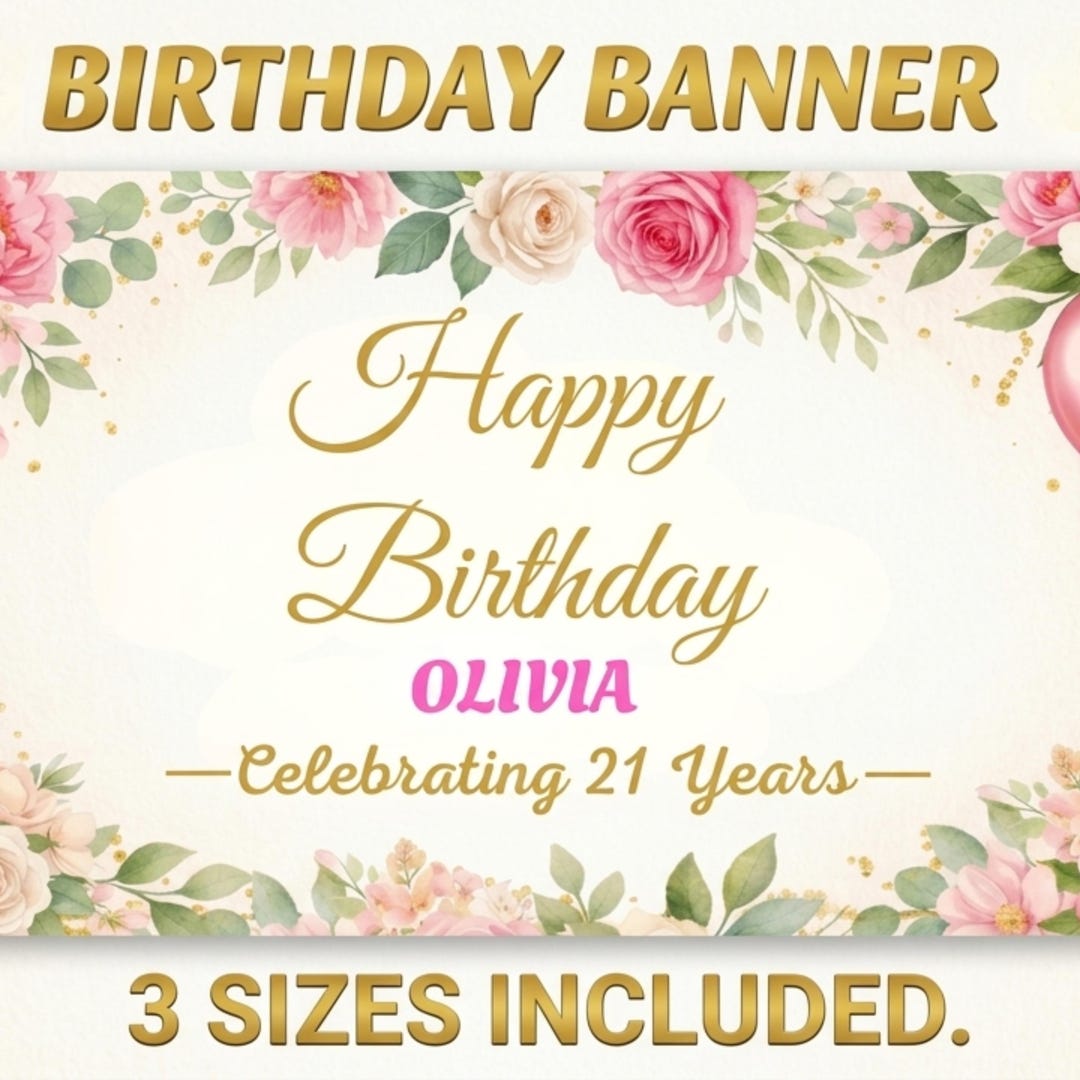 Editable Floral Birthday Banner Template Canva, Custom Name & Age ...
