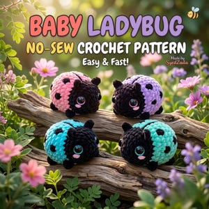 May include: Four colorful crochet ladybugs in pink, purple, blue, and teal with black accents and spots, resting on a wooden log. The image includes text that reads "BABY LADYBUG NO-SEW CROCHET PATTERN Easy & Fast!"