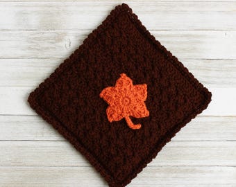 Handmade Crochet Double Layer Fall Color / Pot Holder w/ Crocheted Leaf Applique - Ready to ship