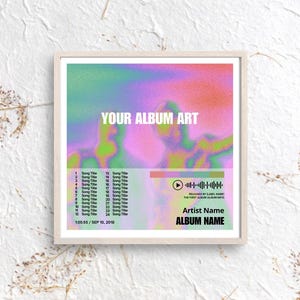 Könnte beinhalten: Gerahmter Kunstdruck für ein Album mit einem farbenfrohen, abstrakten Design in Rosa-, Grün- und Lilatönen. Der Text "YOUR ALBUM ART" steht oben. Enthält Songtitel, Künstler- und Albumnamen sowie eine Musikwellenform.