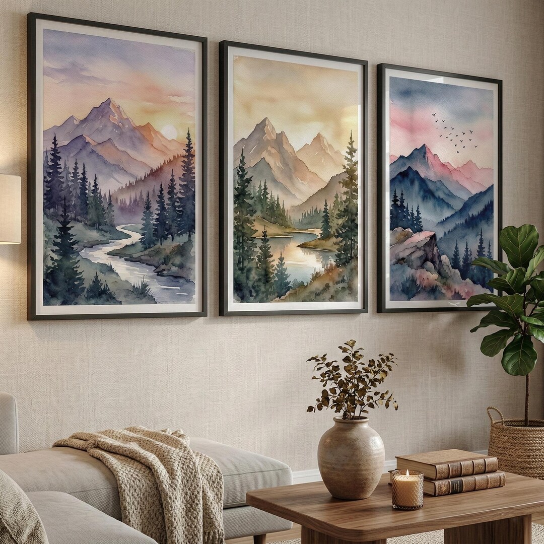 Wall Art Set of 3 Prints Fine Art Poster, Blue and Beige Mountain ...