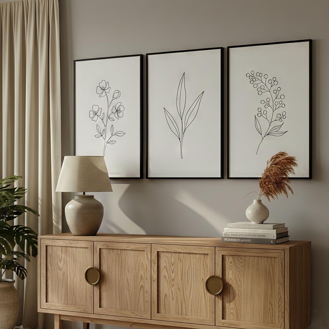 Minimalist Botanical Line Art Set of 3 Prints, Simple Wall Art for ...