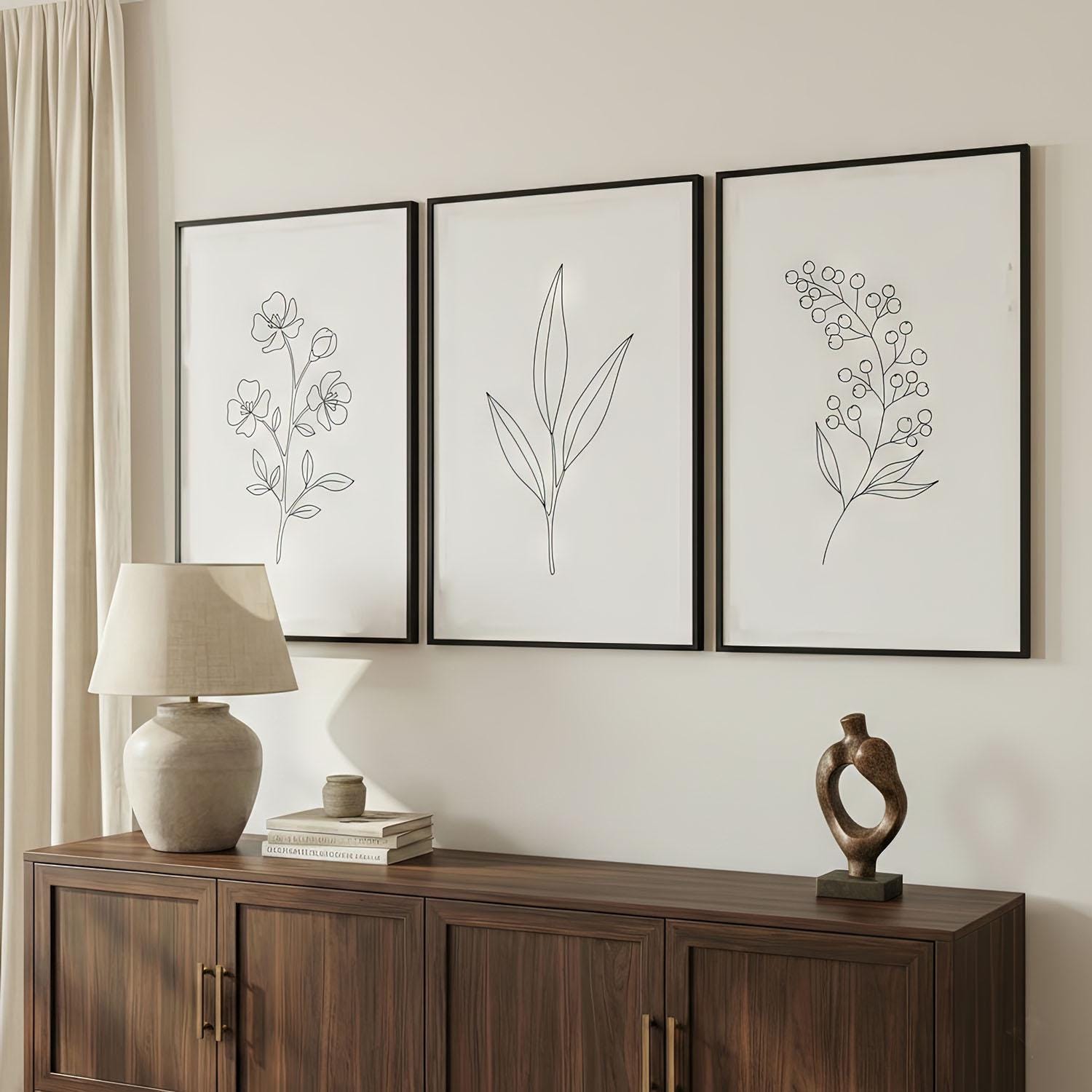 Minimalist Botanical Line Art Set of 3 Prints, Simple Wall Art for ...