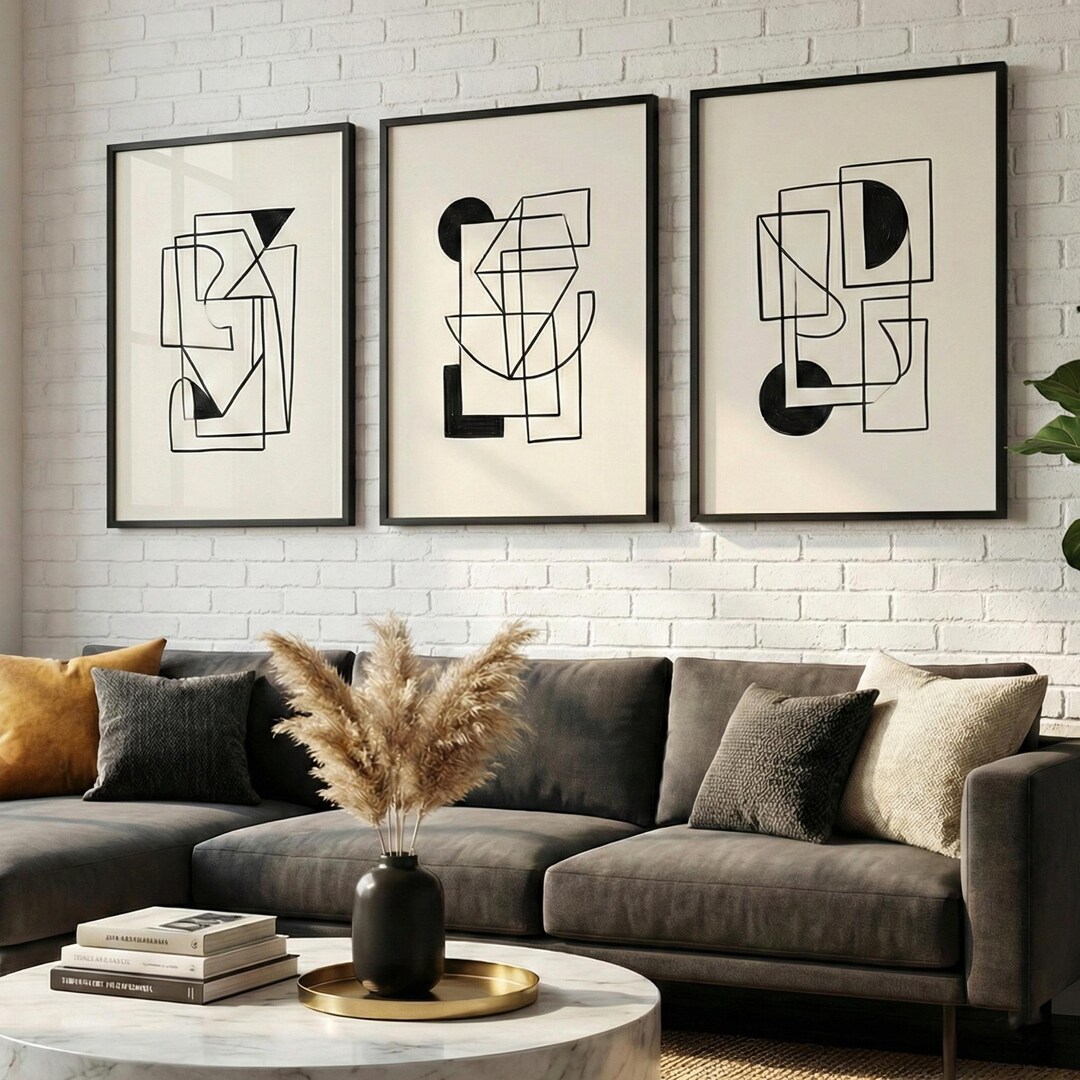 Geometric Line Art Set of 3 Prints, Minimalist Black and White Wall Art ...