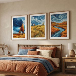 Peut inclure: Trois impressions d'art encadrées représentant des paysages. Chaque impression présente un paysage stylisé avec des arbres, des champs et une rivière. La palette de couleurs comprend des bleus, des oranges et des jaunes. Les cadres sont de couleur bois clair.