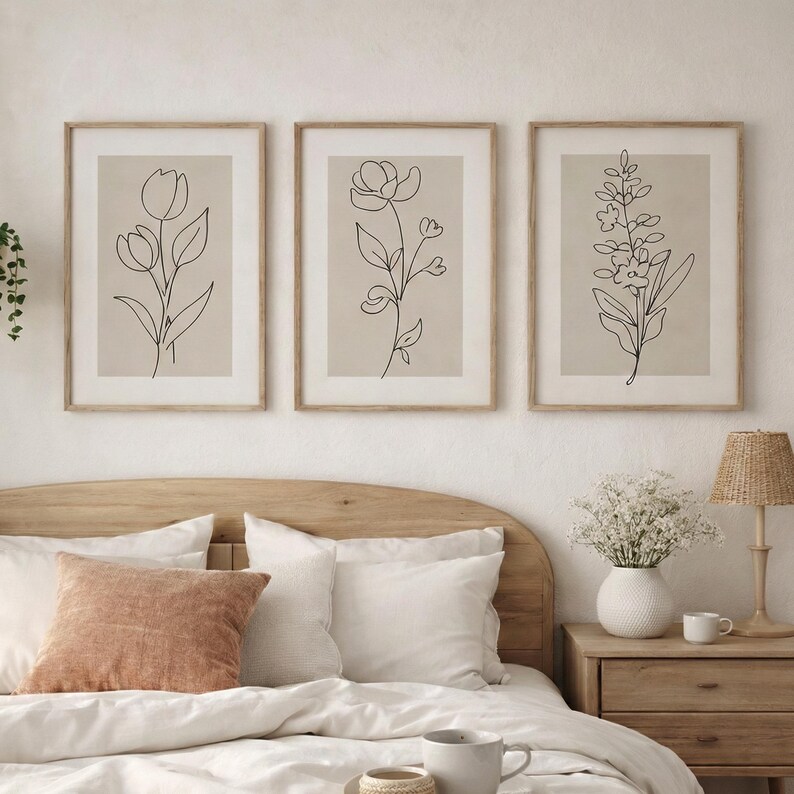 Minimalist Botanical Line Art Set of 3 Prints, Neutral Beige Boho Wall ...