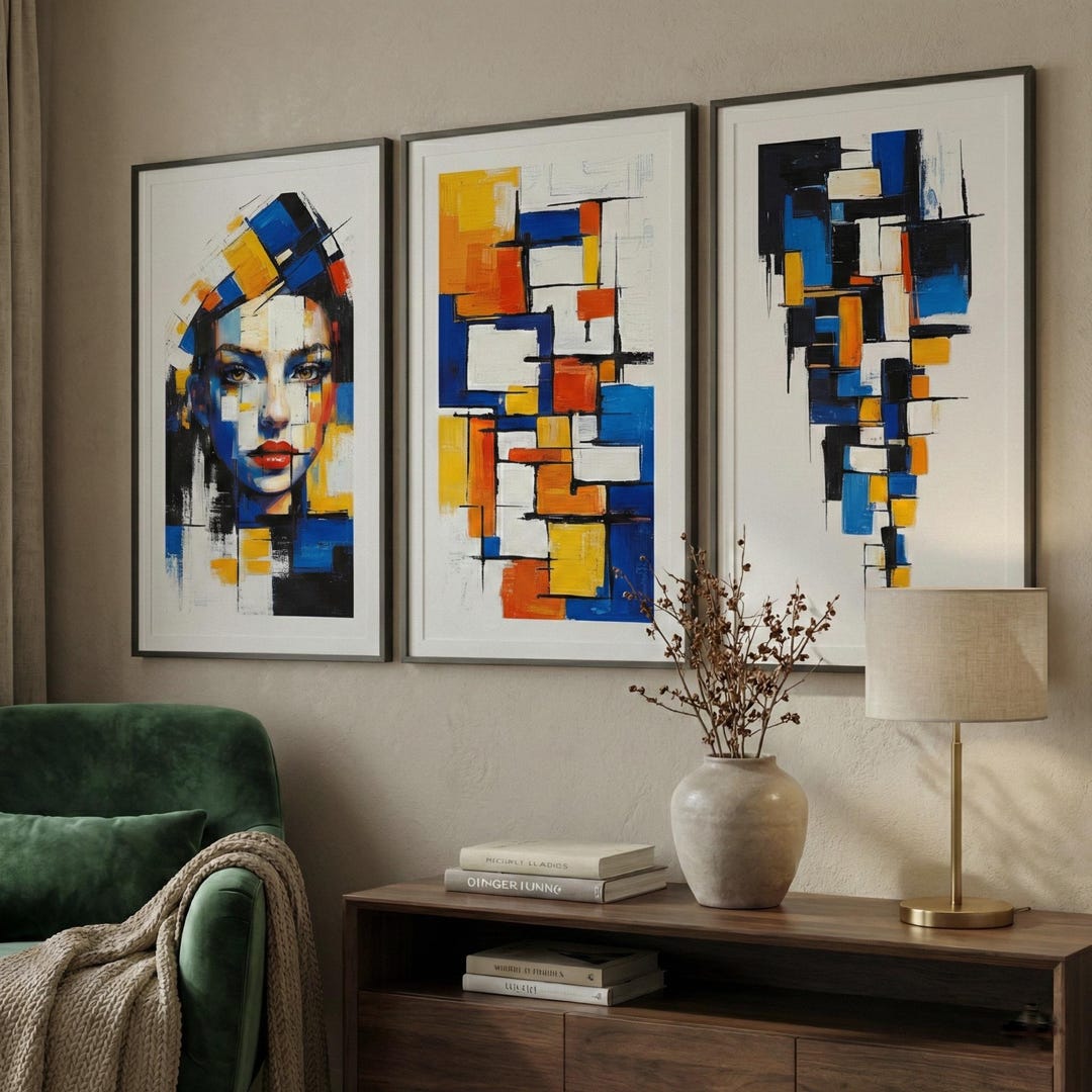Wall Art Set of 3 Prints, Abstract Acrylic Painting Geometric Portrait ...