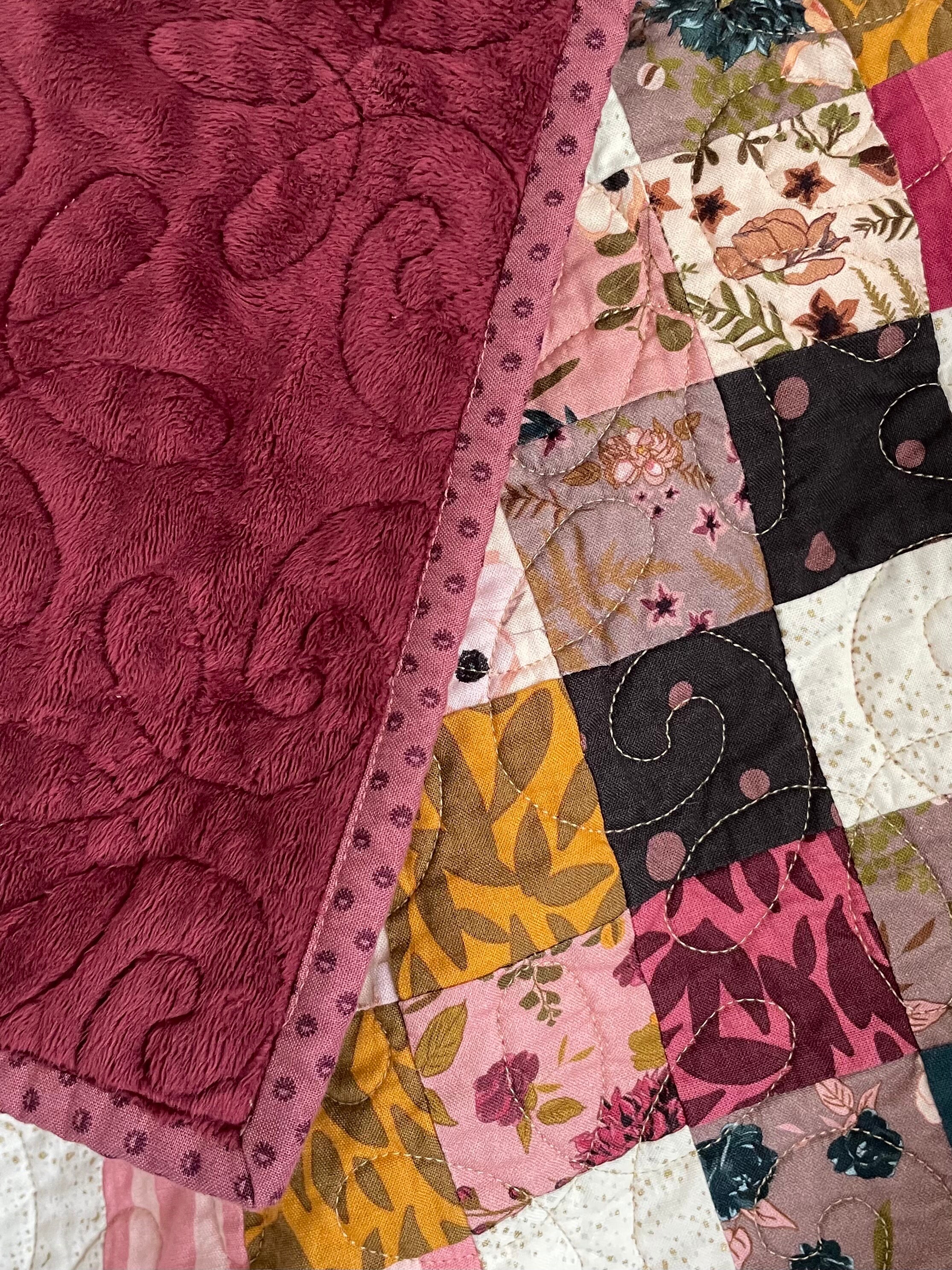 Handmade Floral Quilt: Botanical Prints, Merlot Minky Back (74
