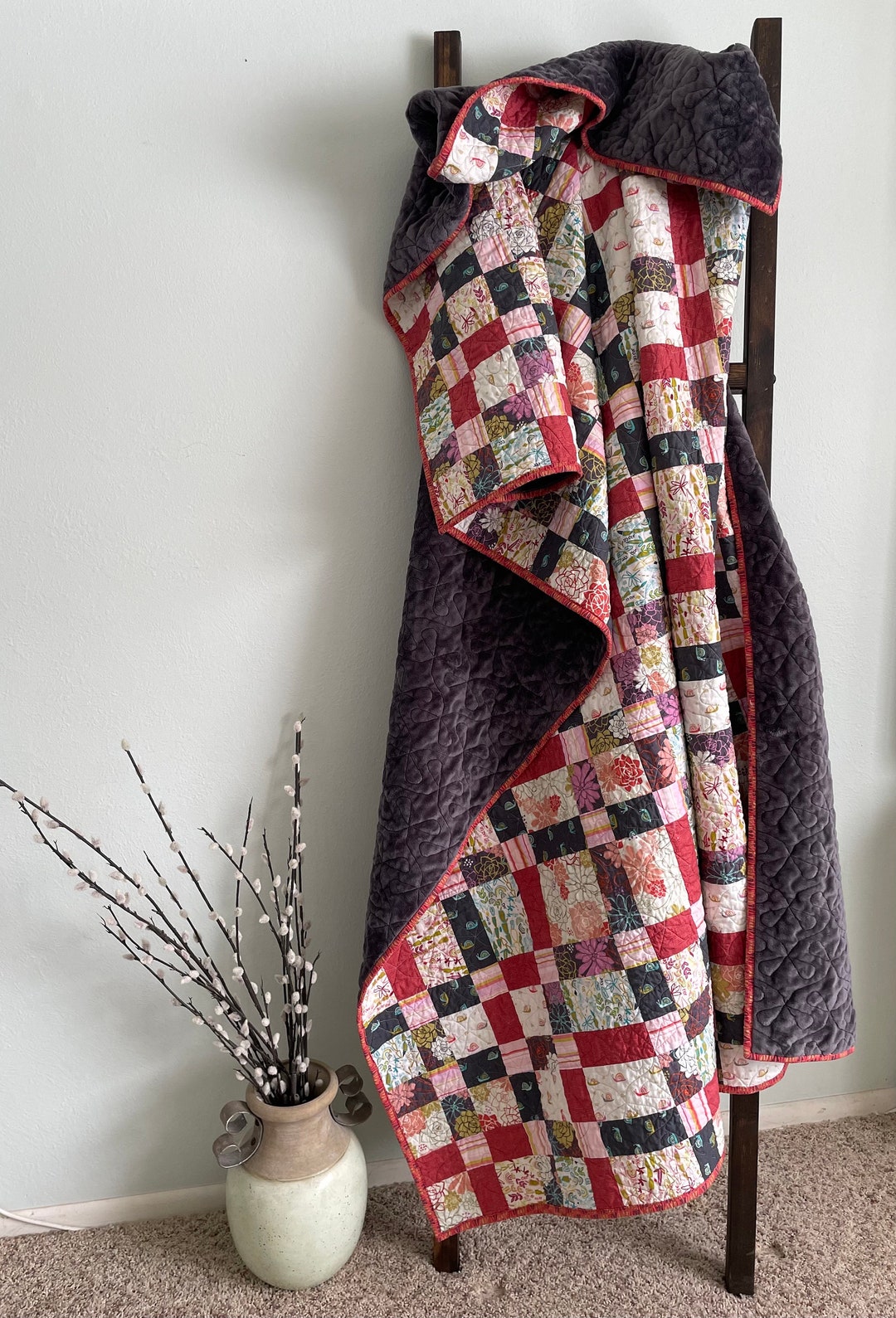 Handmade Scrappy Plaid Cotton Quilt, Bohemian Floral, Gray Minky Back ...