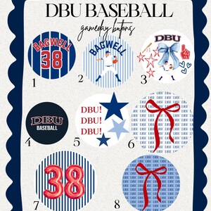 May include: A collection of eight baseball-themed buttons. The buttons feature designs with the text "DBU BASEBALL" and "BAGWELL", along with stars, baseball bats, and the number "38". The color scheme includes red, white, and blue.