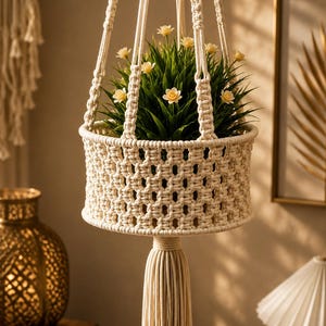 May include: A cream-colored macrame plant hanger featuring a woven basket design with a central tassel at the bottom. The hanger includes wooden beads along the top cords and holds a potted plant with green leaves and small yellow flowers.