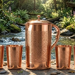 Ren kopparkanna med glas Handgraverad kopparkanna 1,5 l 2 dricksglas 250 ml styck Ayurvedisk återfuktning Kopparpresentset för dricksvatten