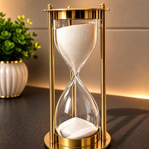 May include: An hourglass featuring a polished gold metal frame with a circular base and top. The clear glass bulb contains fine white sand, with a significant portion of the sand accumulated in the bottom chamber and a smaller amount remaining above.