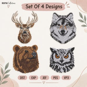 May include: A set of 4 embroidery designs featuring animal heads: a brown deer with antlers, a grey and black wolf, a brown bear, and a grey and black owl with orange eyes. The text reads RHM Collections, Set Of 4 Designs, DST, EXP, JEF, PES, VP3.