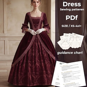 May include: A PDF sewing pattern for a floor-length, deep red velvet dress with a square neckline, three-quarter sleeves, and a damask-patterned skirt. The digital file includes a guidance chart and sizing information ranging from XS to 4XL+.