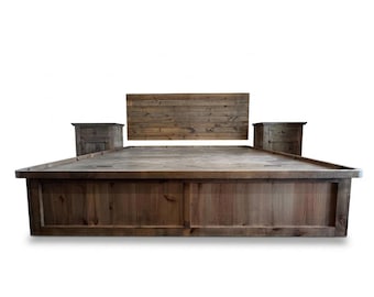 Struttura letto a piattaforma in legno massello, struttura letto matrimoniale stile rustico con cassetto, struttura letto personalizzata con testiera, struttura letto king size, struttura letto intagliata a mano