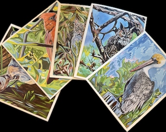 Set of 5 Assorted Wildlife Art Note Cards - Abstract Botanical Nature Stationary