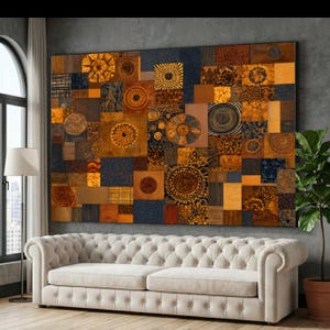Puede incluir: Una gran obra de arte mural rectangular con un diseño de patchwork. La obra presenta una variedad de paneles cuadrados y rectangulares en tonos de marrón, dorado y azul marino, con intrincados patrones circulares. Debajo se encuentra un sofá color crema con mechones.