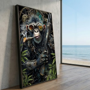 Puede incluir: Impresión artística enmarcada que representa un chimpancé de estilo steampunk fumando un cigarro y sosteniendo un rifle. El chimpancé lleva gafas y un atuendo detallado. Hojas verdes de cannabis son visibles en primer plano. El fondo incluye elementos de relojería.