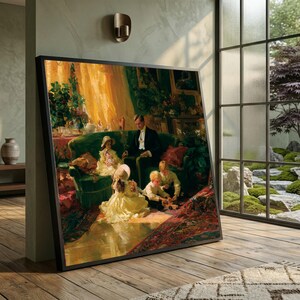 May include: A framed oil painting print depicting a family scene in a sunlit room with a green sofa. A person in a dark suit sits with two children in light-colored clothing, one wearing a hat, while another child sits on the floor playing.
