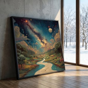 May include: Framed art print depicting a surreal landscape with a river winding through a valley under a starry sky. The artwork features vibrant colors, including blues, greens, and oranges, with a black frame. The scene evokes a sense of fantasy and wonder.