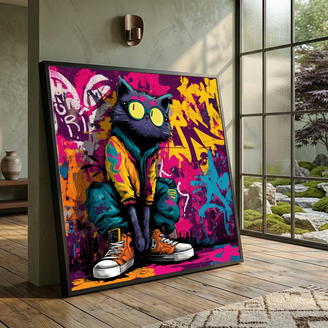 Urban Cat Graffiti Canvas, Street Art Hip Hop Animal Portrait, Modern ...