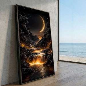 Pode incluir: Impressão artística emoldurada retratando uma paisagem noturna com uma lua crescente. A obra apresenta uma cachoeira caindo em um rio, com uma luz dourada e quente. A impressão é exibida contra uma parede neutra, com vista para o oceano.