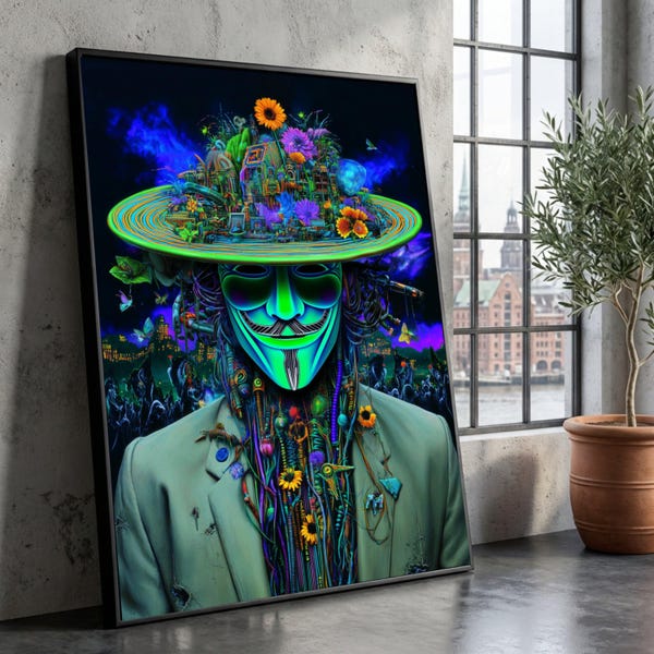 ガイ・フォークスのマスクのキャンバス、未来的な花柄の帽子のアート、サイバーパンクのポートレートキャンバス