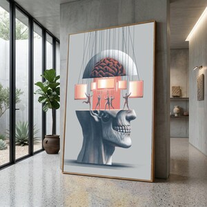 Surreal Brain Puppet Canvas, Abstract Skull Illustration, Conceptual Wall Art, Psychological Decor