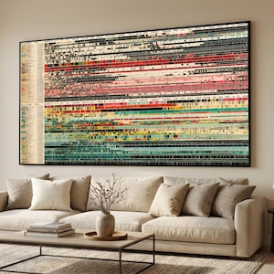 May include: A large rectangular wall art piece featuring a complex data visualization with a vertical list of text on the left side and horizontal rows of multicolored bars in shades of red, pink, green, blue, and black, framed in a thin black border.