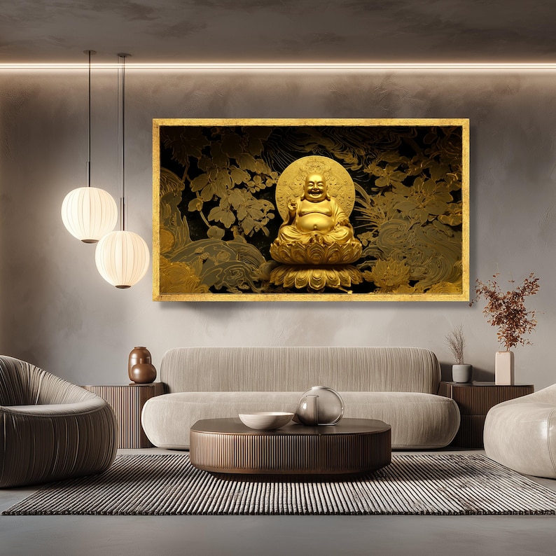 Golden Laughing Buddha Canvas Art, Zen Spiritual Wall Decor, Meditation ...