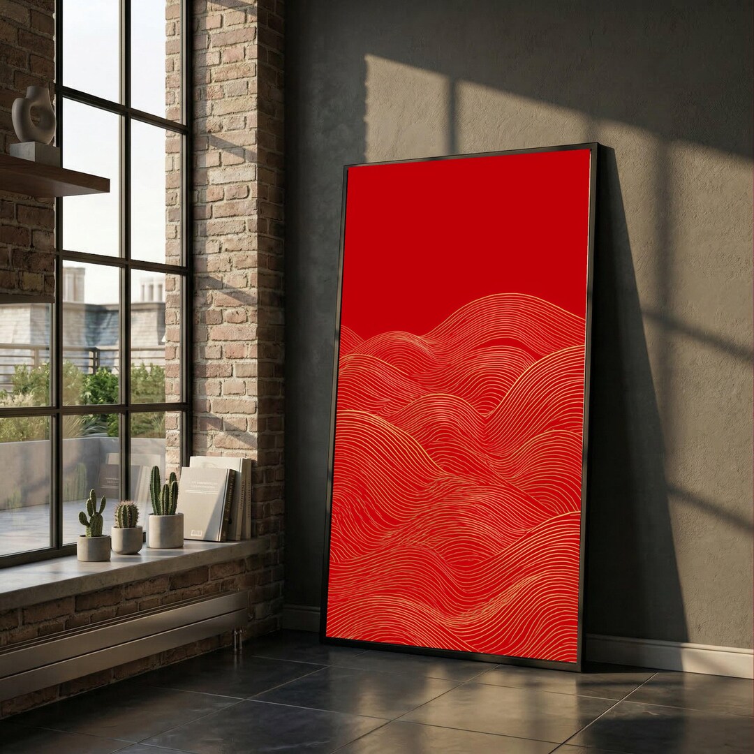 Abstract Red Waves Canvas Art, Gold Line Art Wall Decor, Modern ...