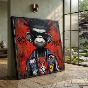 Lienzo decorativo de mono punk urbano, decoración de pared estilo grafiti, retrato de simio de la cultura pop.