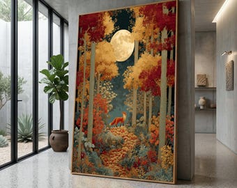 Könnte beinhalten: Ein gerahmter Kunstdruck, der eine Waldszene mit Vollmond zeigt. Das Kunstwerk zeigt einen Fuchs auf einem Pfad, umgeben von Bäumen mit roten, orangefarbenen und gelben Blättern. Der Druck hat einen goldfarbenen Rahmen.