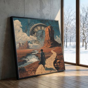 Puede incluir: Impresión artística enmarcada que representa un paisaje surrealista con una mujer caminando por un camino. La obra presenta una gran esfera de reloj en el cielo, formaciones rocosas rojas y un río. La paleta de colores incluye tonos marrones, azules y blancos.