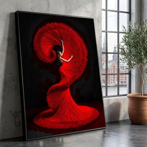 Flamenco Dancer Red Dress Canvas Wall Art, Dramatic Movement, Modern Home Decoration
