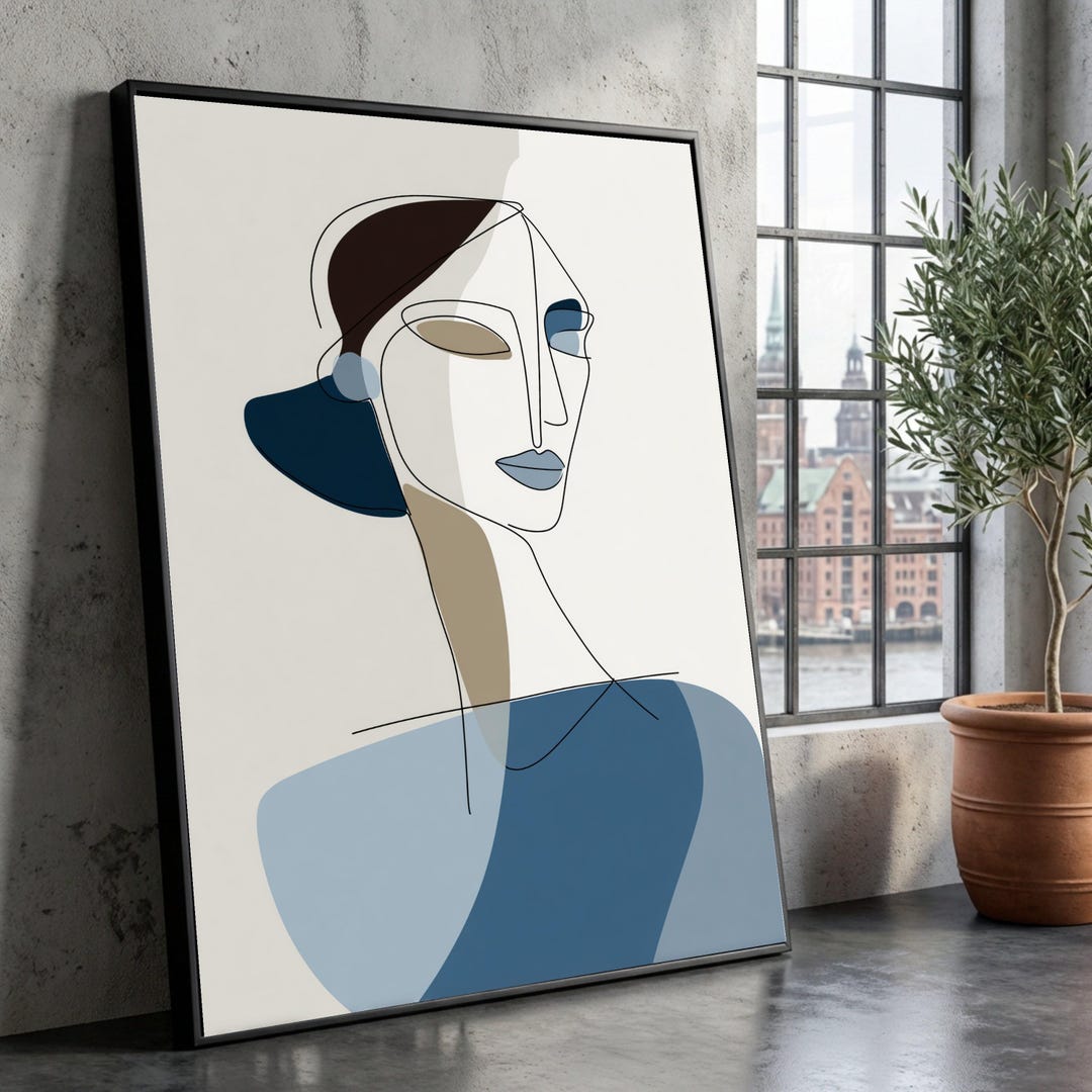 Abstract Female Portrait Canvas, Minimalist Line Art, Modern Blue Tones ...