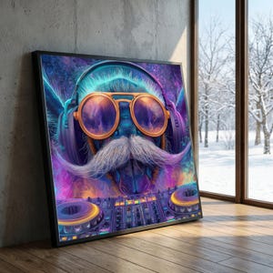 May include: A framed art print featuring a colorful illustration of a creature with orange-tinted glasses, headphones, and a large white mustache. The creature is positioned behind a DJ mixing board. The artwork has a vibrant, neon color scheme.