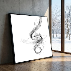 Abstrakta musiknoter på canvas, svartvit väggkonst med musikstav, modern dekoration för musikälskare
