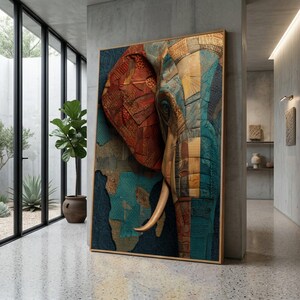 Quadro su tela con elefante patchwork, ritratto di animale selvatico africano, decorazione rustica e colorata per la casa.
