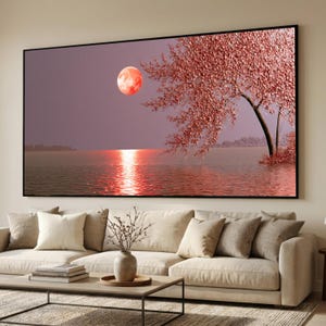 Pink Moon Lake Canvas Print, Blush Tree Landscape Wall Art, Celestial Water Reflection Scene, Dreamy Nature Decor, pink moon decor