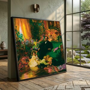 May include: A framed rectangular wall art print featuring a vibrant oil painting of a family scene. A person in a dark suit sits on a green sofa, surrounded by children in light-colored clothing, set against a backdrop of lush, colorful foliage.