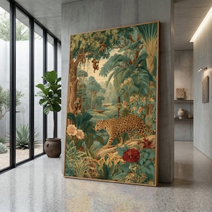 May include: A large rectangular wall art print featuring a detailed jungle scene with a leopard walking across a fallen log. The artwork displays lush green foliage, large tropical leaves, vibrant red and peach flowers, and monkeys in the trees.