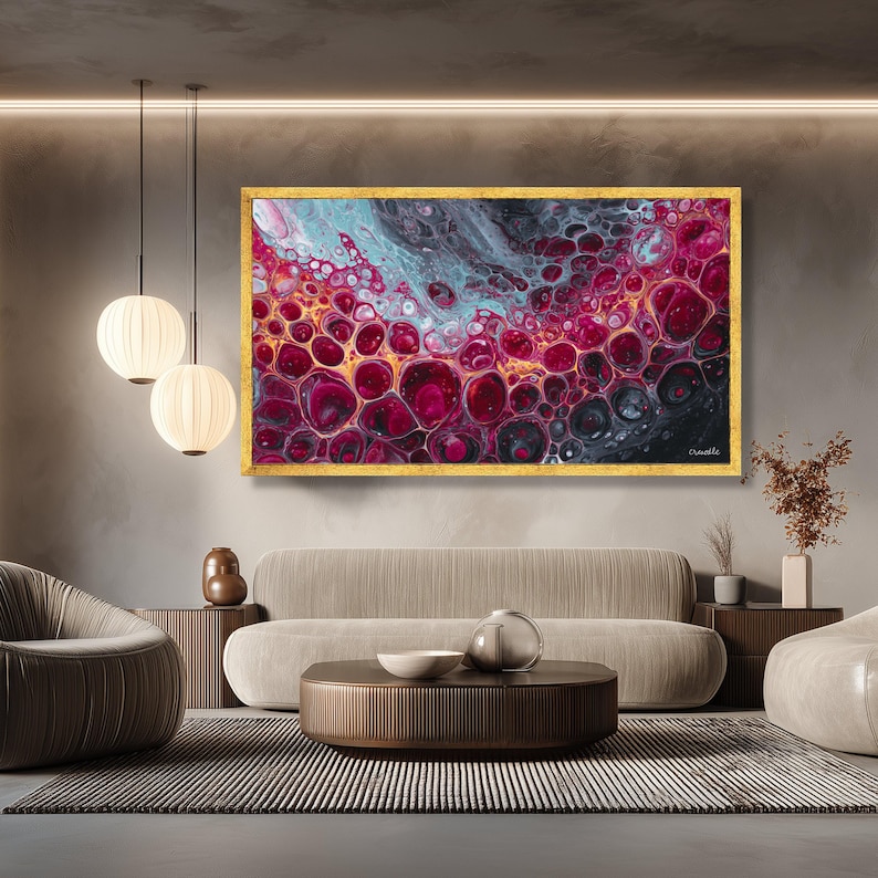 Vibrant Abstract Fluid Art Canvas, Red Blue Cell Pattern Acrylic Pour ...